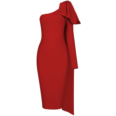Luxe Radiance One-Sleeve Bowknot Bandage Dress - Celestial Couture