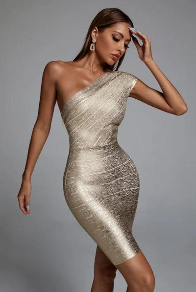 High Quality Celebrity One Shoulder Foiling Gold Print Rayon Bandage Dress Elegant Club Party Dress Vestidos - Celestial Couture