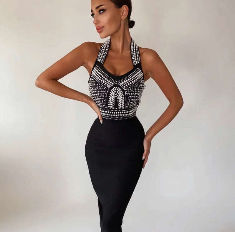 Charlotte Noir Black Mantual Beading Rayon Bandage Dress Elegant Cocktail Party Dress - Celestia Couture