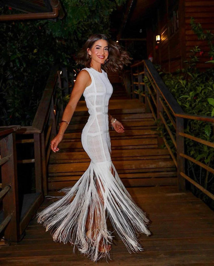 White Sleeveless Tassel Hollow Out Bandage Dress - Celestia Couture