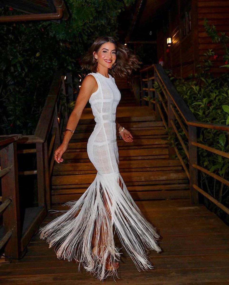 High Quality White Sleeveless Tassel Hollow Out Bodycon Rayon Bandage Dress Evening Party Celebrate Birthday Cocktail Dress - Celestial Couture