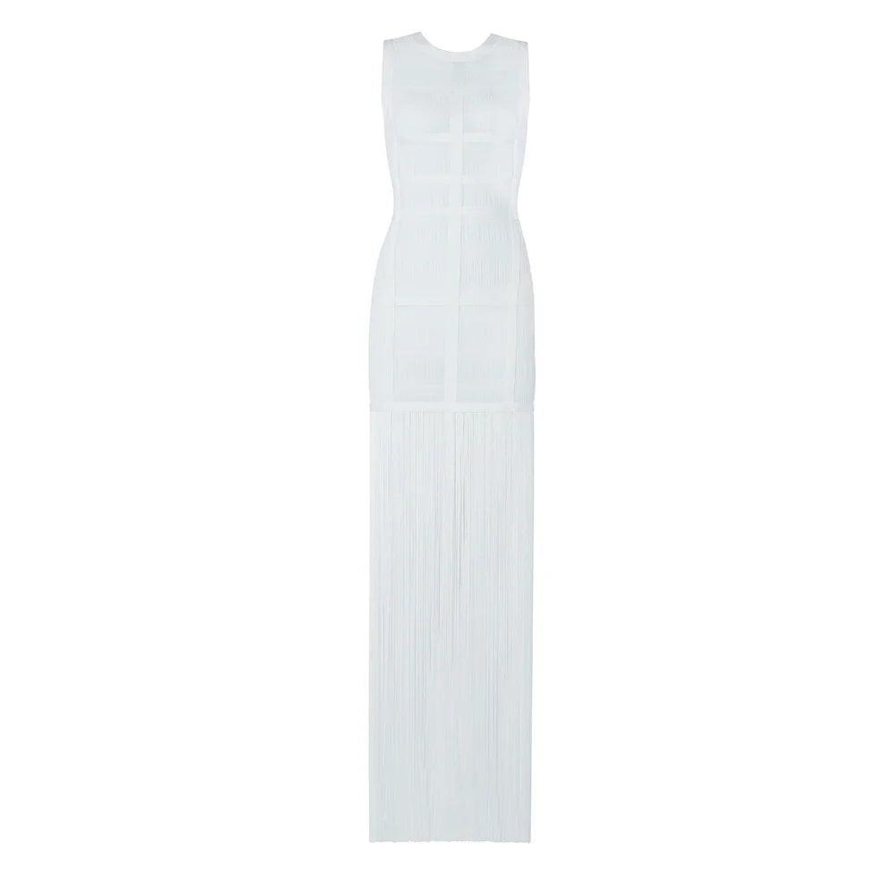 High Quality White Sleeveless Tassel Hollow Out Bodycon Rayon Bandage Dress Evening Party Celebrate Birthday Cocktail Dress - Celestial Couture