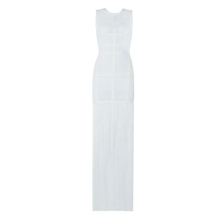 White Sleeveless Tassel Hollow Out Bandage Dress - Celestia Couture