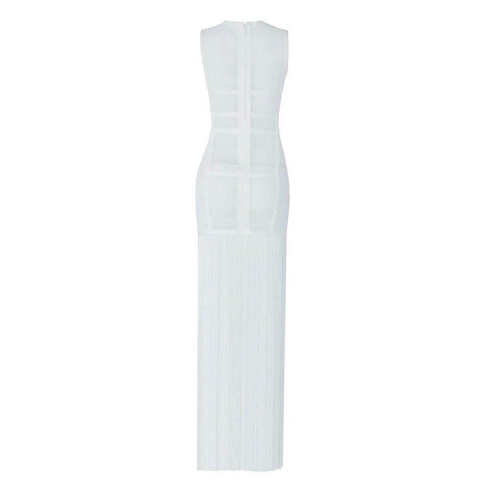 High Quality White Sleeveless Tassel Hollow Out Bodycon Rayon Bandage Dress Evening Party Celebrate Birthday Cocktail Dress - Celestial Couture