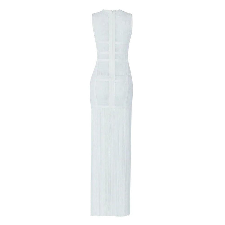 White Sleeveless Tassel Hollow Out Bandage Dress - Celestia Couture