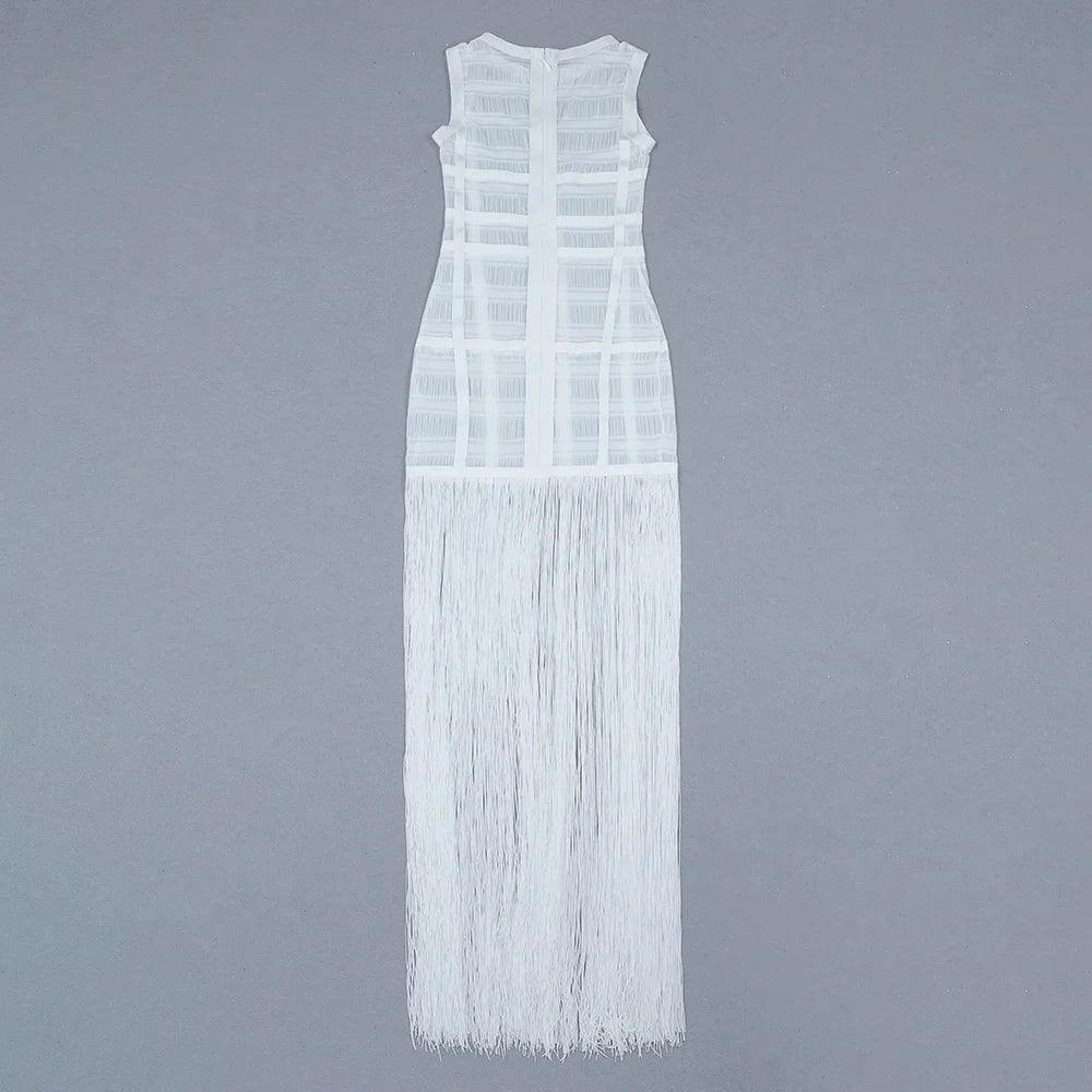 High Quality White Sleeveless Tassel Hollow Out Bodycon Rayon Bandage Dress Evening Party Celebrate Birthday Cocktail Dress - Celestial Couture