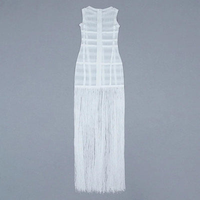 High Quality White Sleeveless Tassel Hollow Out Bodycon Rayon Bandage Dress Evening Party Celebrate Birthday Cocktail Dress - Celestial Couture