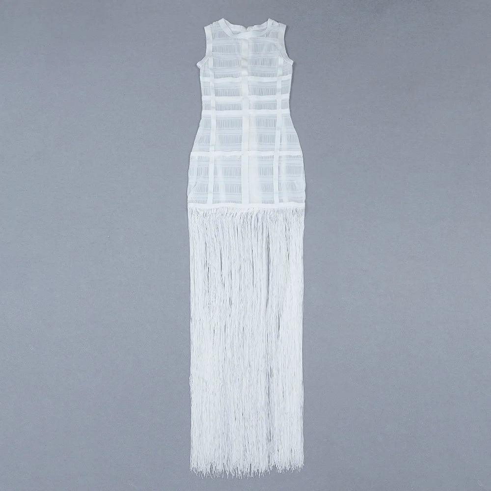 High Quality White Sleeveless Tassel Hollow Out Bodycon Rayon Bandage Dress Evening Party Celebrate Birthday Cocktail Dress - Celestial Couture