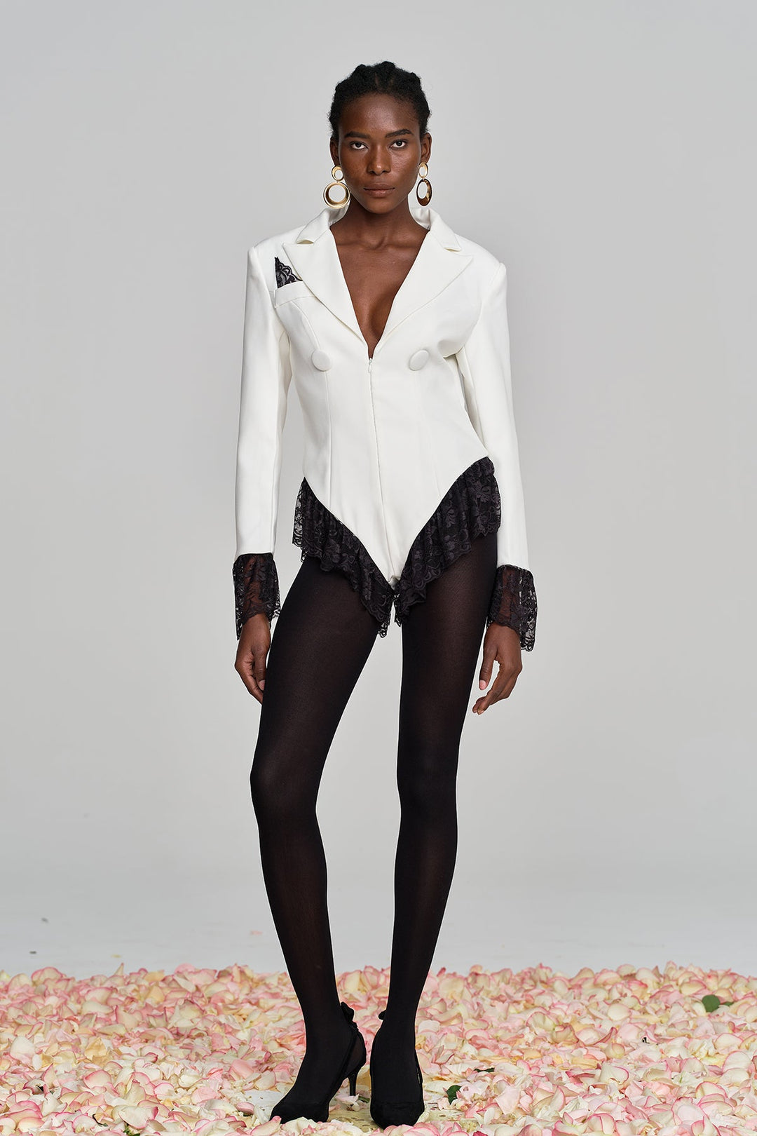 Hathaway Lace Plunge Bodysuit In White - Celestia Couture
