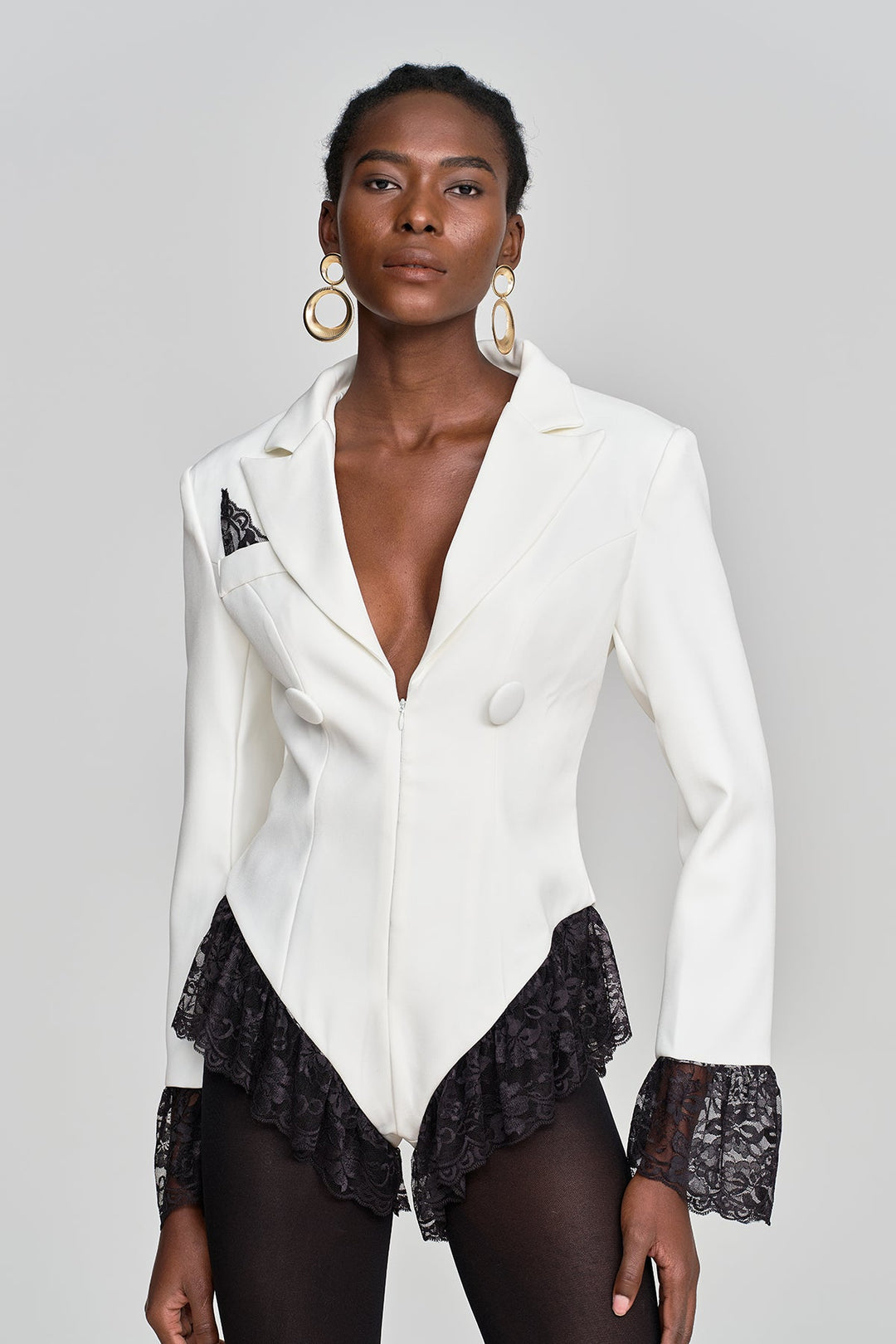 Hathaway Lace Plunge Bodysuit In White - Celestia Couture