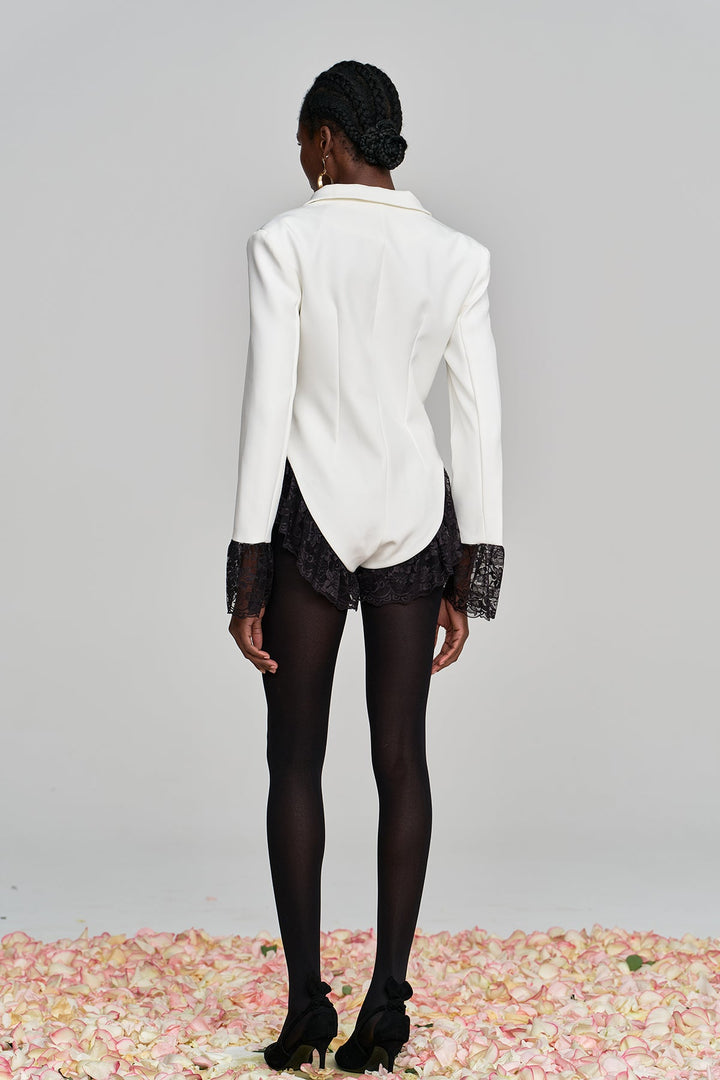 Hathaway Lace Plunge Bodysuit In White - Celestia Couture