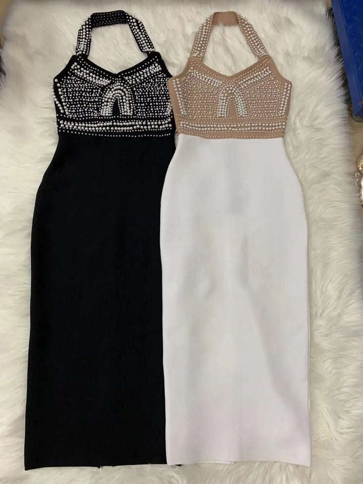 Charlotte Noir Black Mantual Beading Rayon Bandage Dress Elegant Cocktail Party Dress - Celestia Couture
