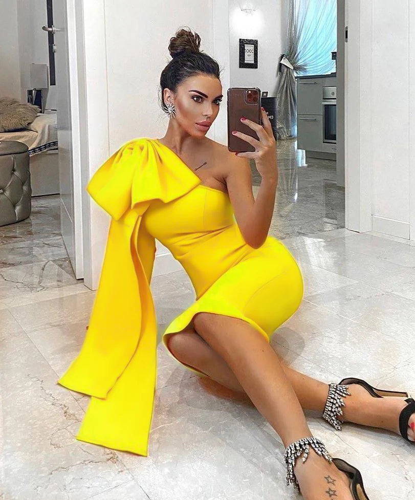 Luxe Radiance One-Sleeve Bowknot Bandage Dress - Celestial Couture