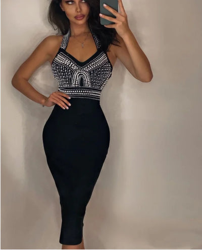 Charlotte Noir Black Mantual Beading Rayon Bandage Dress Elegant Cocktail Party Dress - Celestial Couture