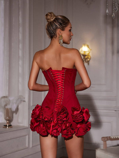 Hiroshi Strapless Flower Mini Dress In Red - Celestial Couture