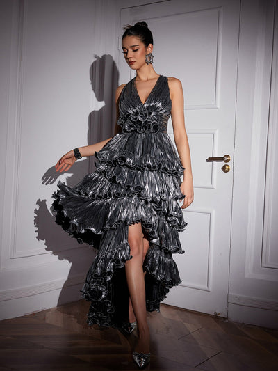 Stunning Silver Ruched Midi Dress with Elegant V Neck Design - Celestial Couture