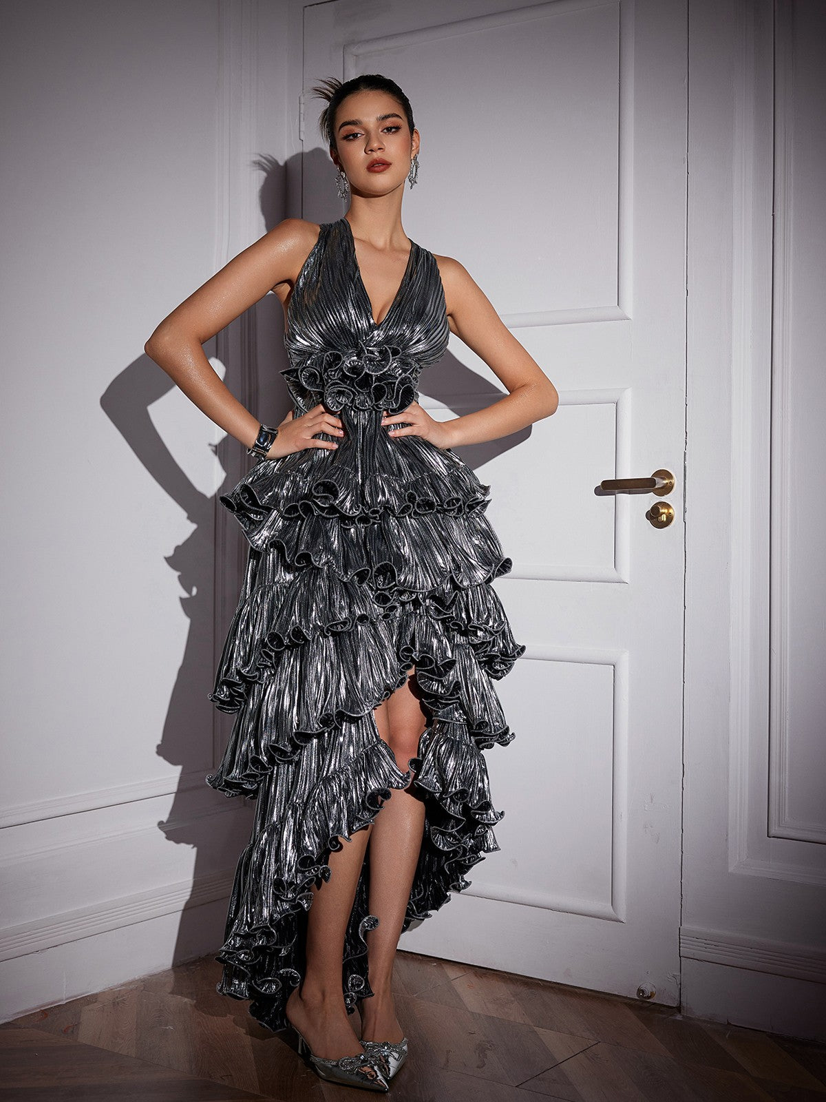 Stunning Silver Ruched Midi Dress with Elegant V Neck Design - Celestial Couture