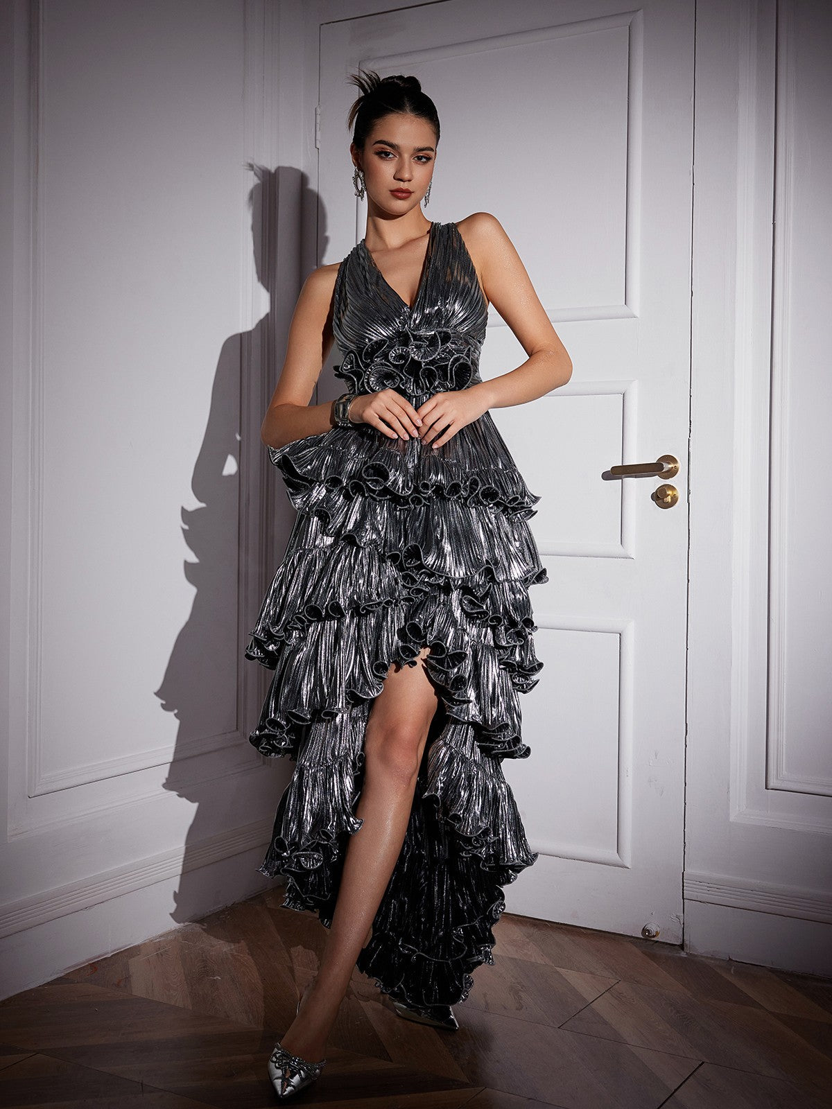 Stunning Silver Ruched Midi Dress with Elegant V Neck Design - Celestial Couture