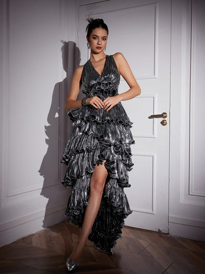 Stunning Silver Ruched Midi Dress with Elegant V Neck Design - Celestial Couture