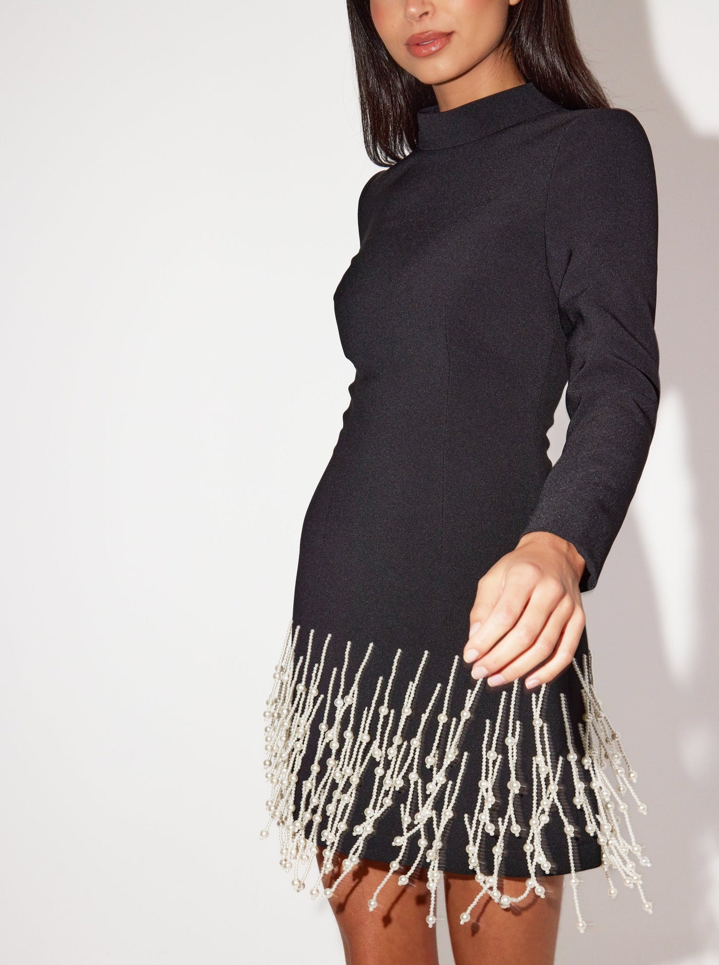 Celestia Pearl Drop Long Sleeve Dress | Black - Celestial Couture