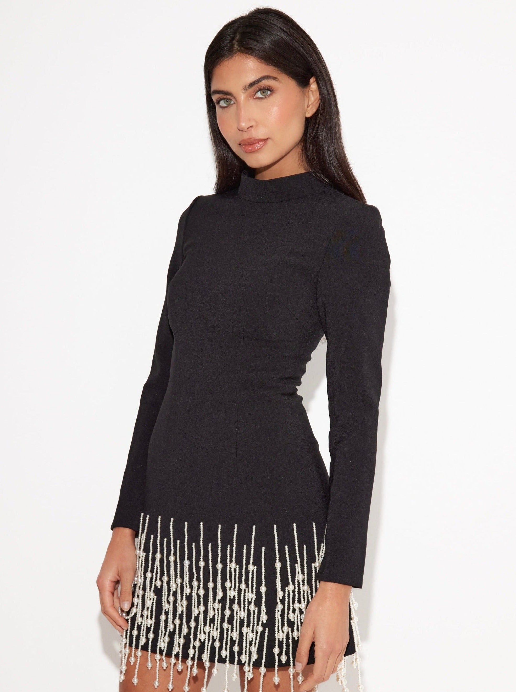 Celestia Pearl Drop Long Sleeve Dress | Black - Celestial Couture