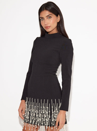 Celestia Pearl Drop Long Sleeve Dress | Black - Celestial Couture
