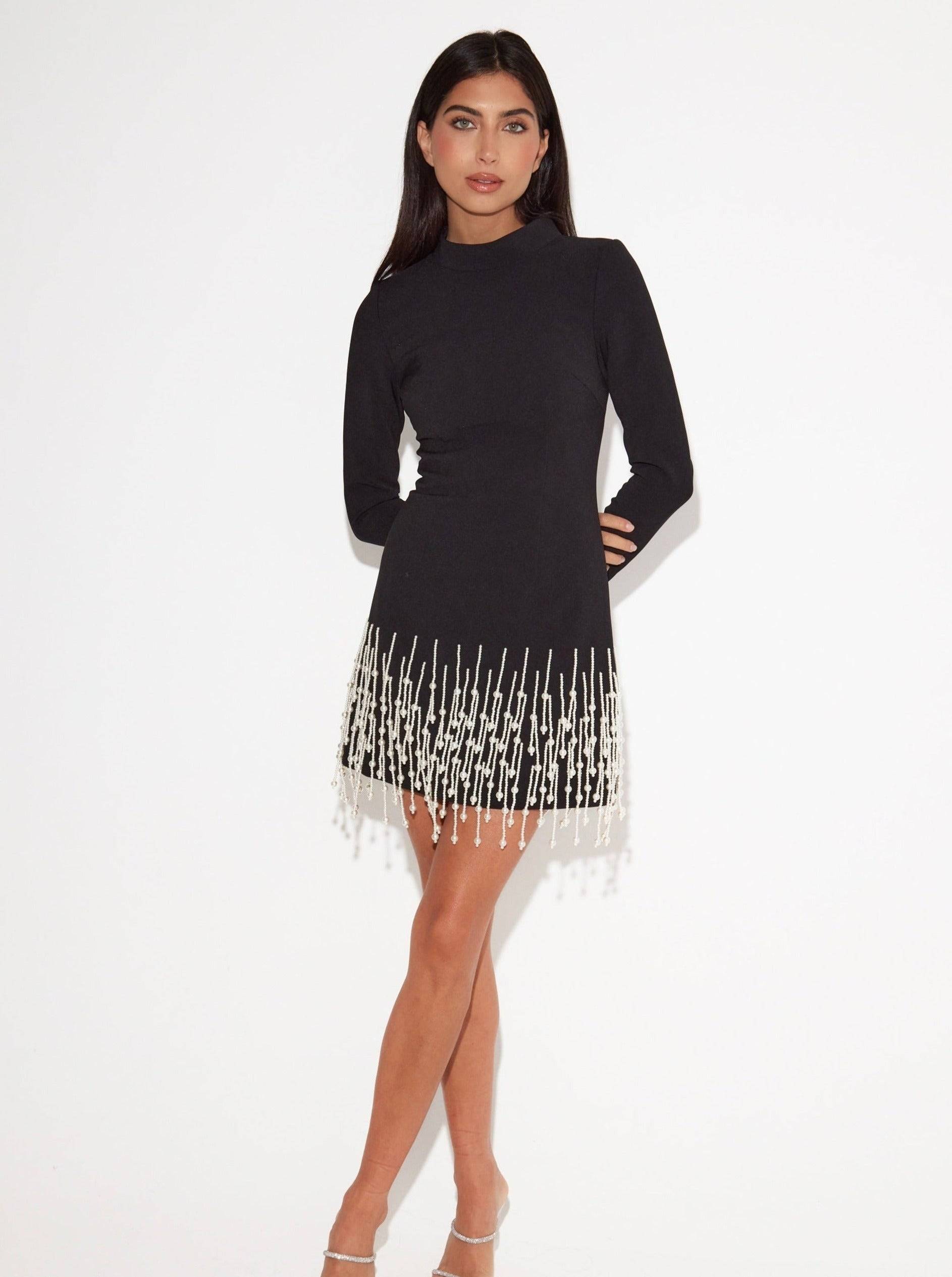Celestia Pearl Drop Long Sleeve Dress | Black - Celestial Couture