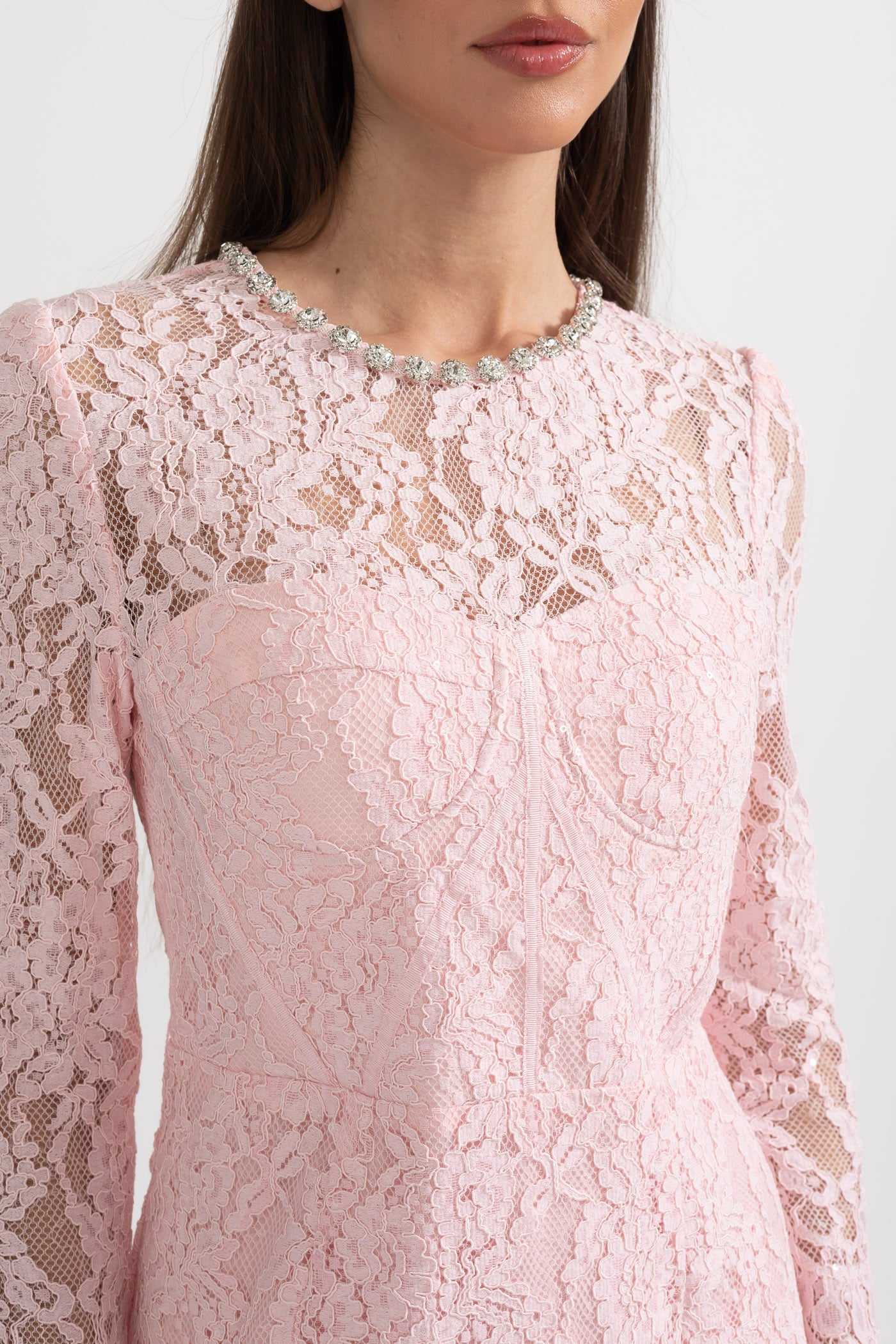 Elegant Long Sleeve Lace Dress With Matching Waist Belt - Pink