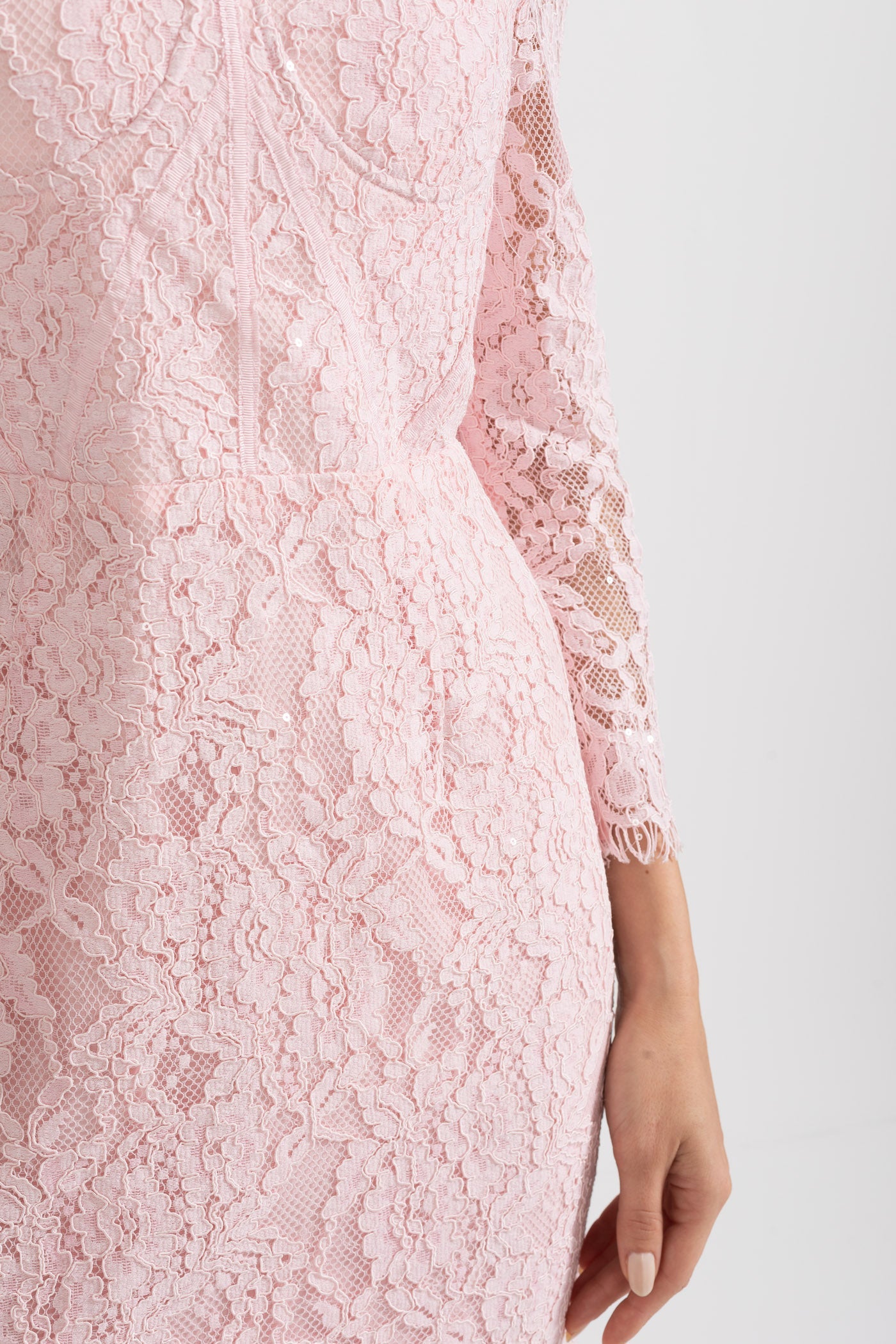 Elegant Long Sleeve Lace Dress With Matching Waist Belt - Pink