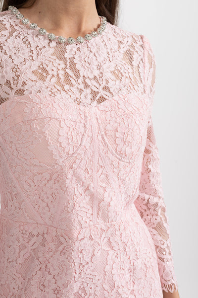Elegant Long Sleeve Lace Dress With Matching Waist Belt - Pink