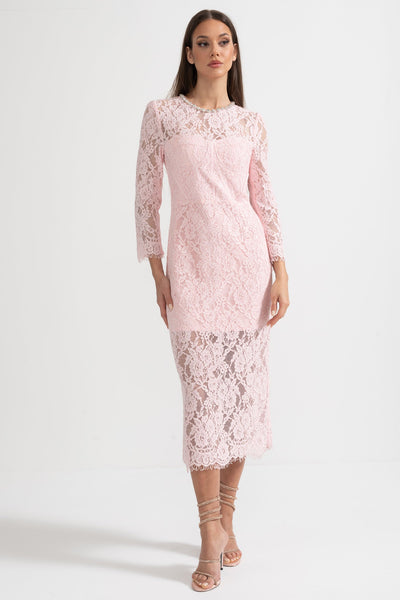 Elegant Long Sleeve Lace Dress With Matching Waist Belt - Pink
