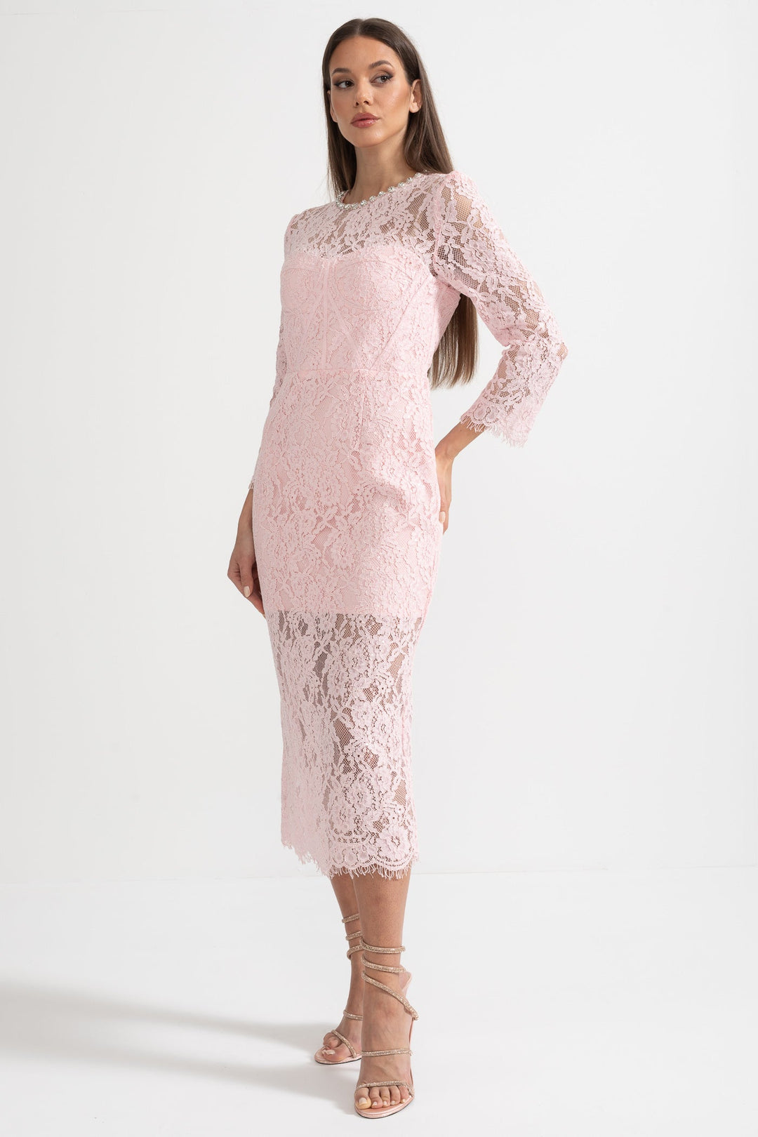 Elegant Long Sleeve Lace Dress With Matching Waist Belt - Pink