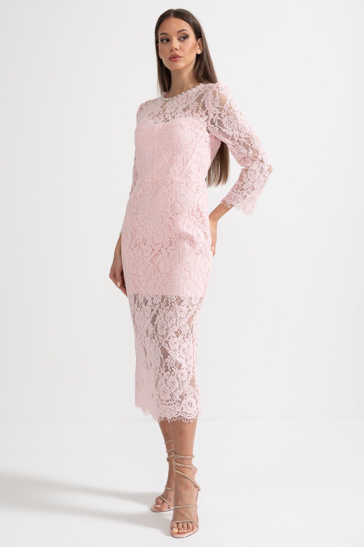 Elegant Long Sleeve Lace Dress With Matching Waist Belt - Pink