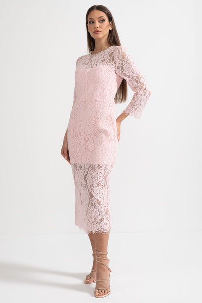 Elegant Long Sleeve Lace Dress With Matching Waist Belt - Pink