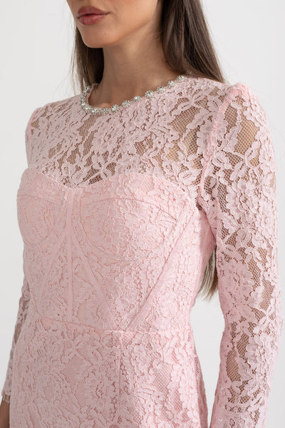 Elegant Long Sleeve Lace Dress With Matching Waist Belt - Pink