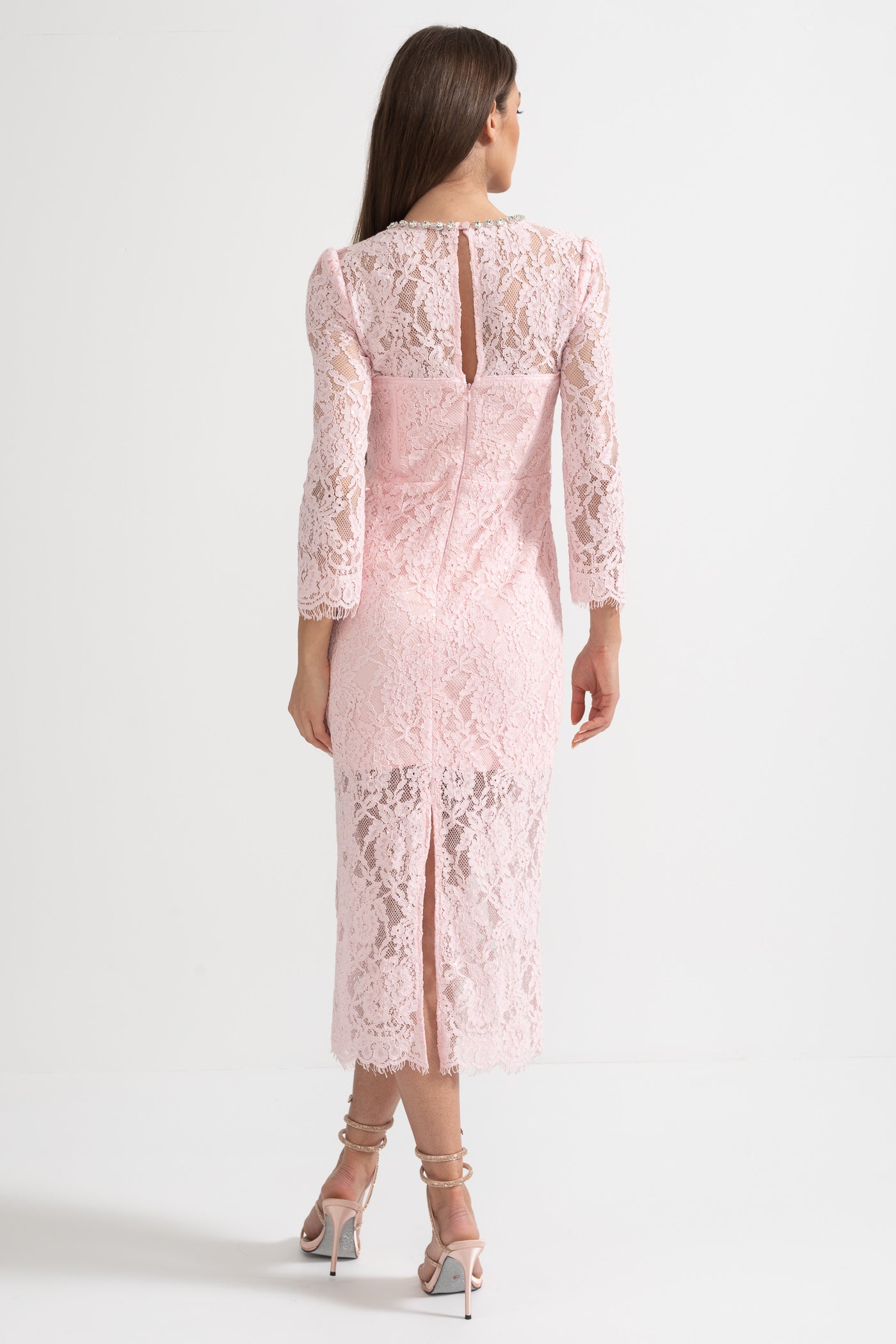 Elegant Long Sleeve Lace Dress With Matching Waist Belt - Pink