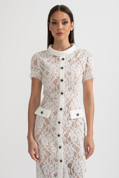 Elegant Short Sleeve Lace Dress With Matching Waist Belt - White