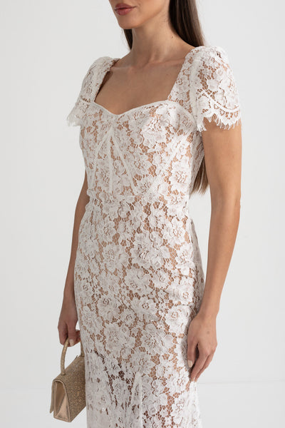 Short Sleeved Lace Dress With Delicate Matching Waist Belt - White