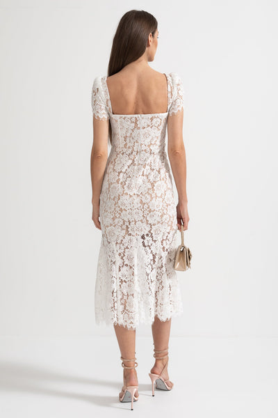 Short Sleeved Lace Dress With Delicate Matching Waist Belt - White