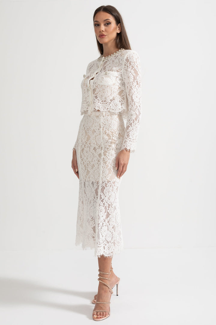 Lace Co-Ord With Sparkling Neckline Embellishments And Midi Skirt - White
