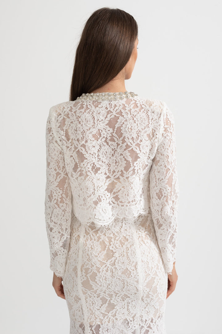 Lace Co-Ord With Sparkling Neckline Embellishments And Midi Skirt - White