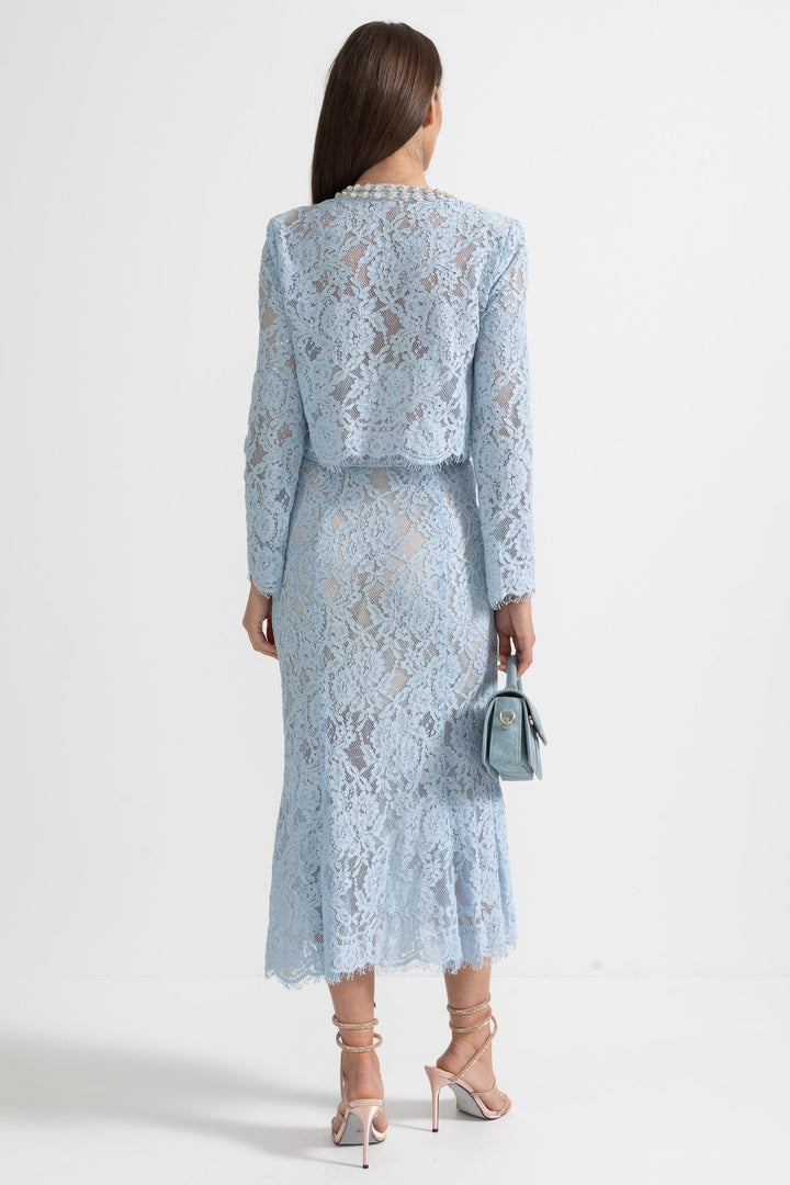 Lace Co-Ord With Sparkling Neckline Embellishments And Midi Skirt - Blue