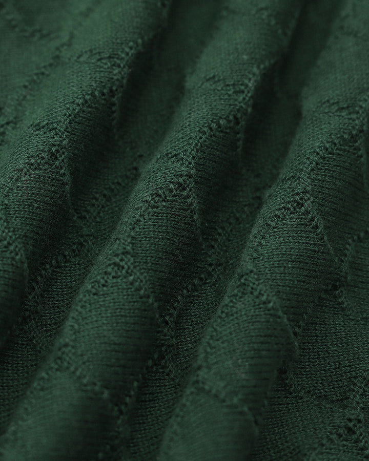 The Dark Green Lapel Ribbed Textured Knit Top - Celestia Couture