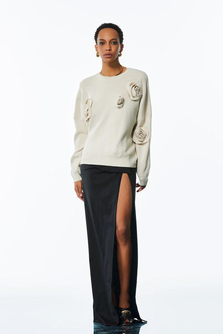 Jasmin Flower Long Sleeve Knit Top In Apricot - Celestia Couture