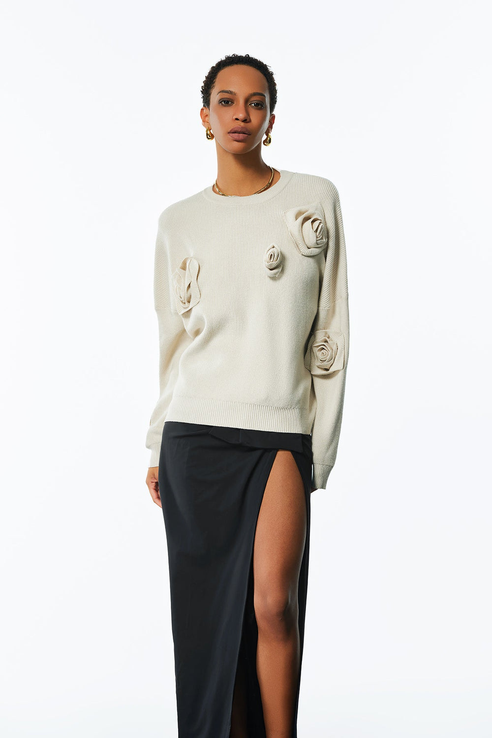 Jasmin Flower Long Sleeve Knit Top In Apricot - Celestia Couture