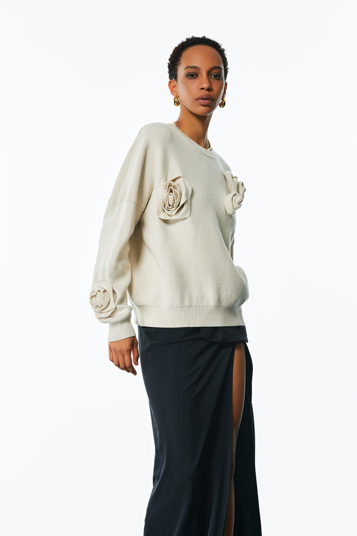 Jasmin Flower Long Sleeve Knit Top In Apricot - Celestia Couture