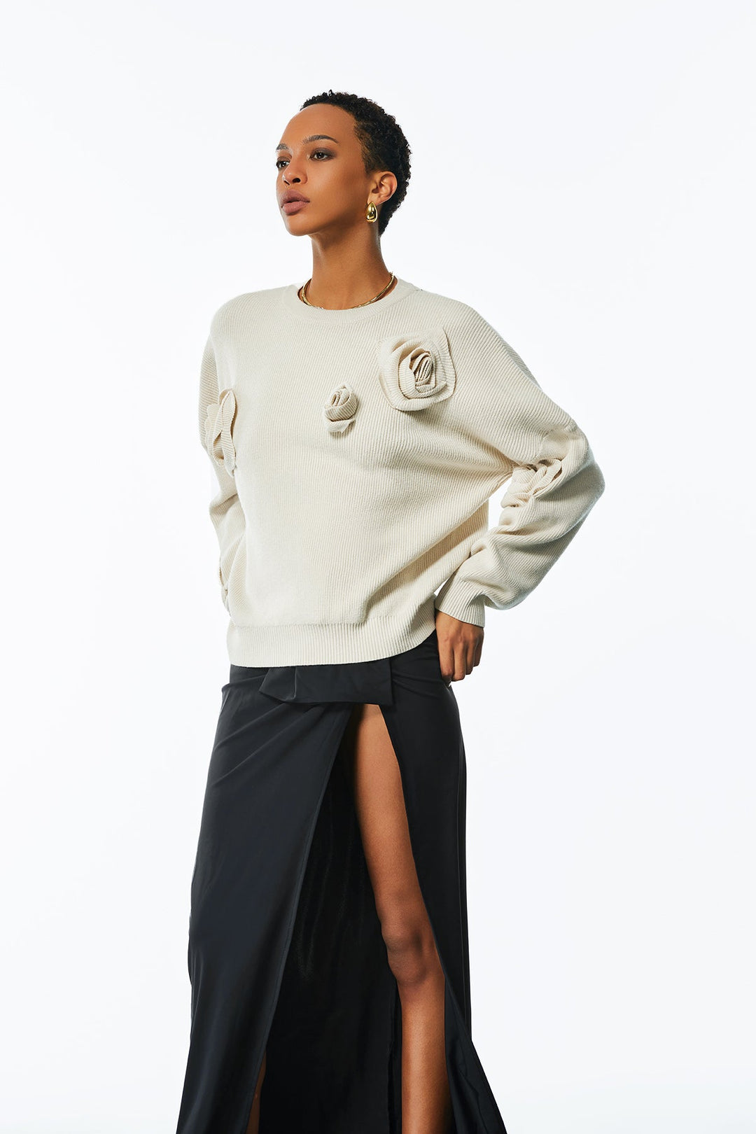 Jasmin Flower Long Sleeve Knit Top In Apricot - Celestia Couture