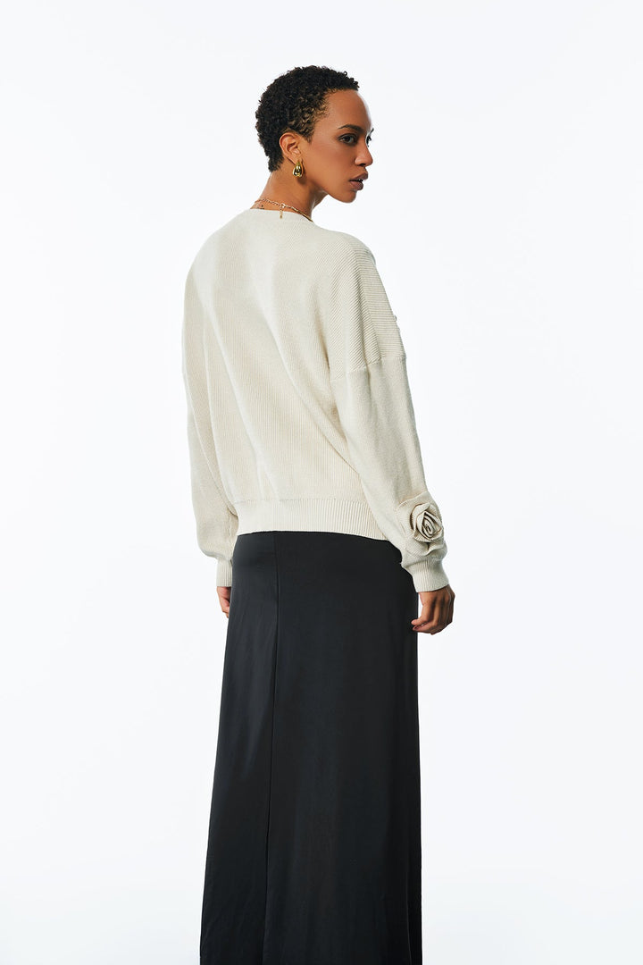 Jasmin Flower Long Sleeve Knit Top In Apricot - Celestia Couture