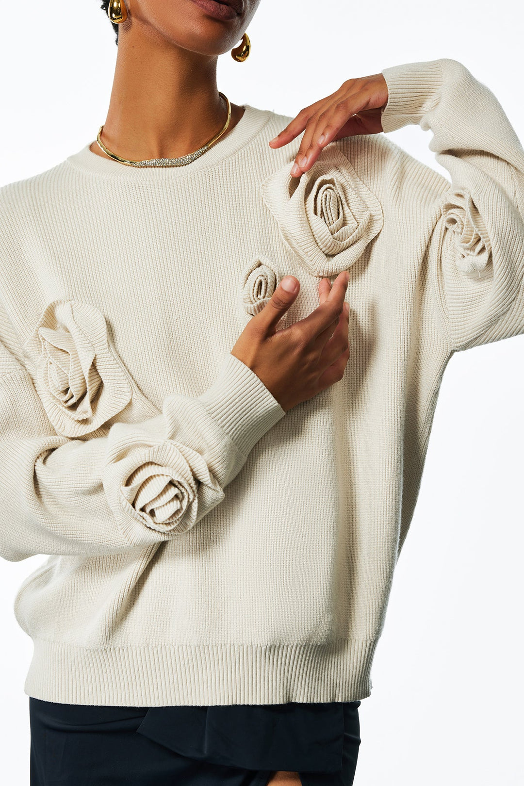 Jasmin Flower Long Sleeve Knit Top In Apricot - Celestia Couture
