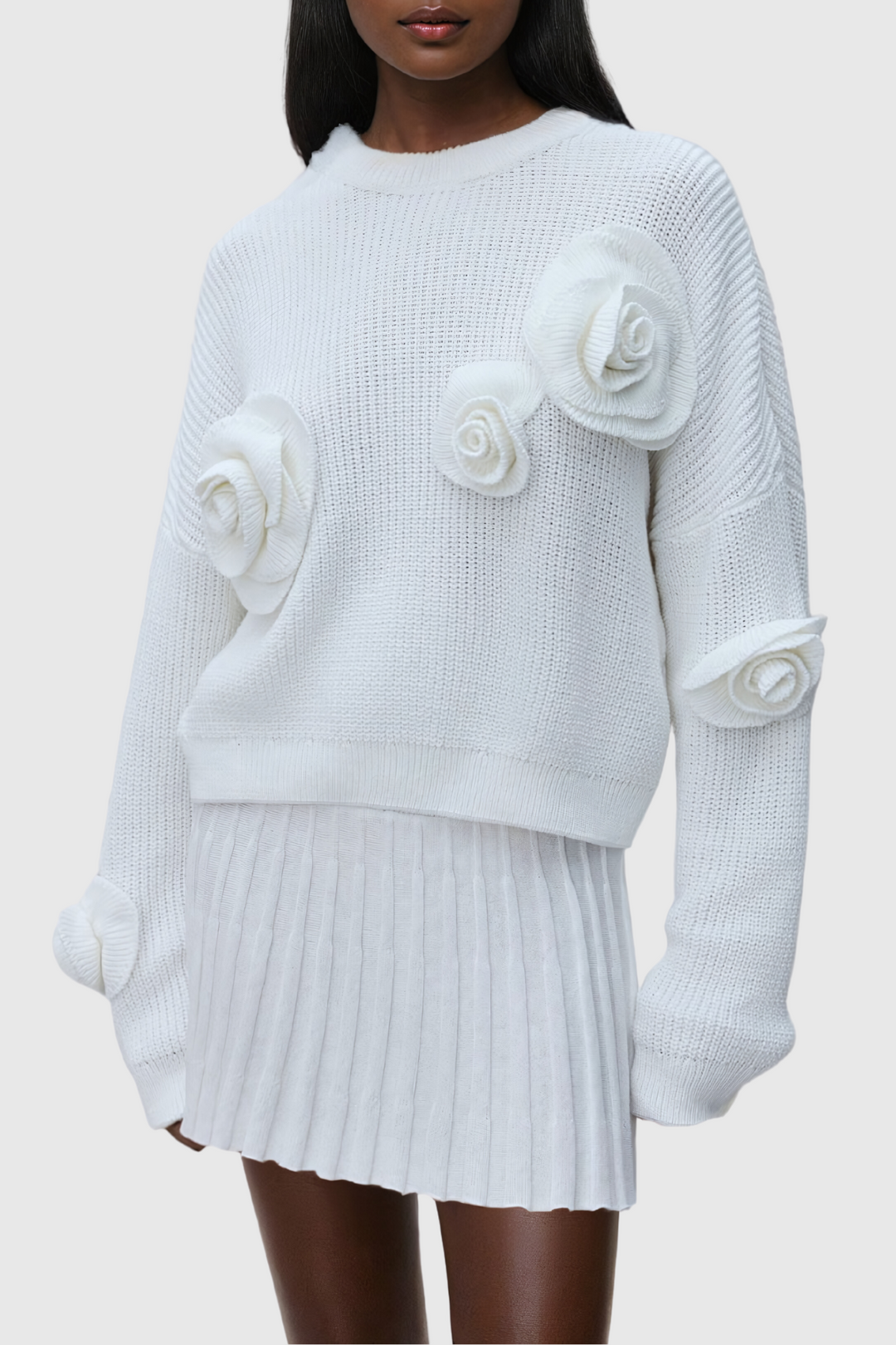 Jasmin Flower Long Sleeve Knit Top In White - Celestia Couture